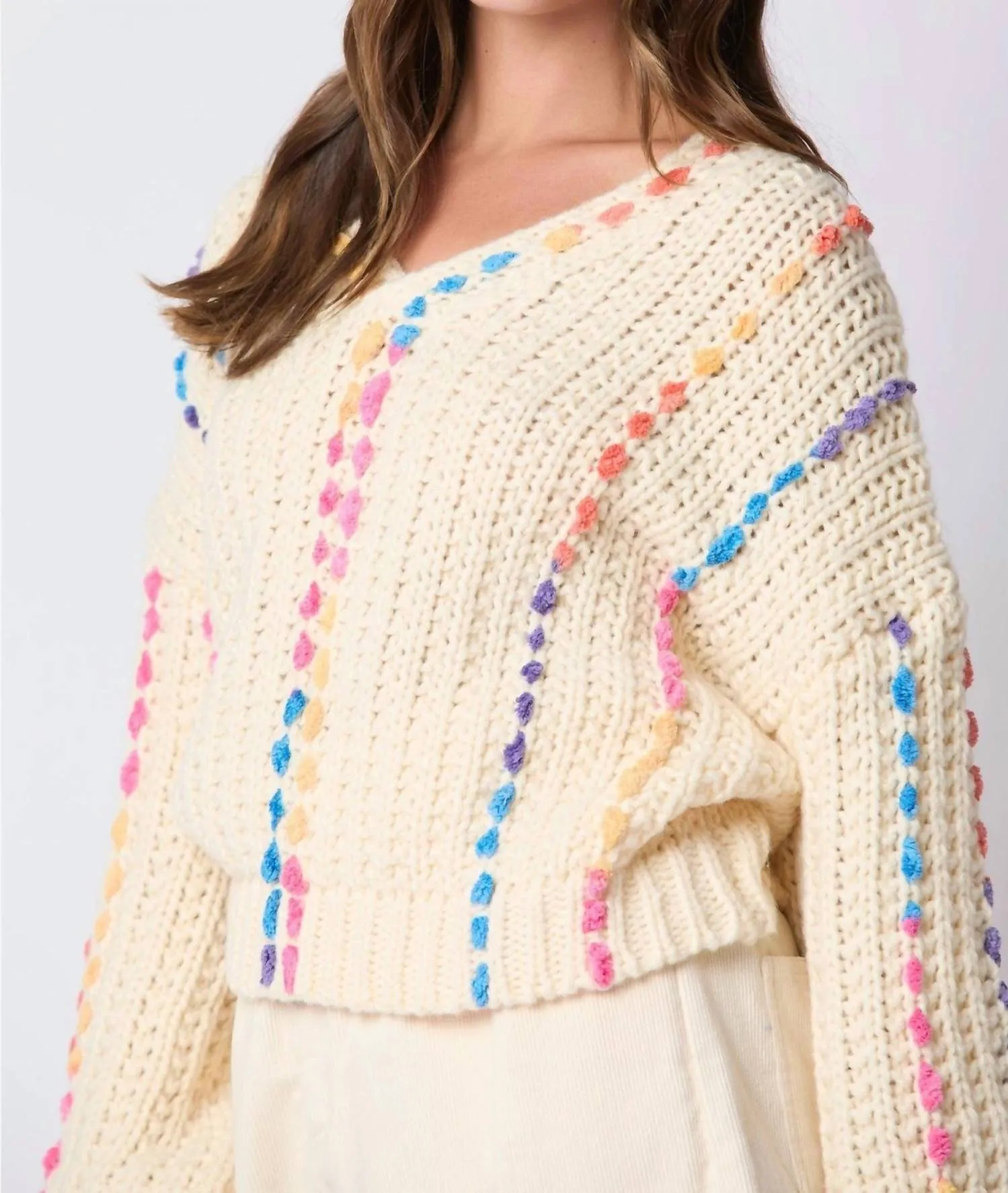 V Neck Sweater In Cream Multi