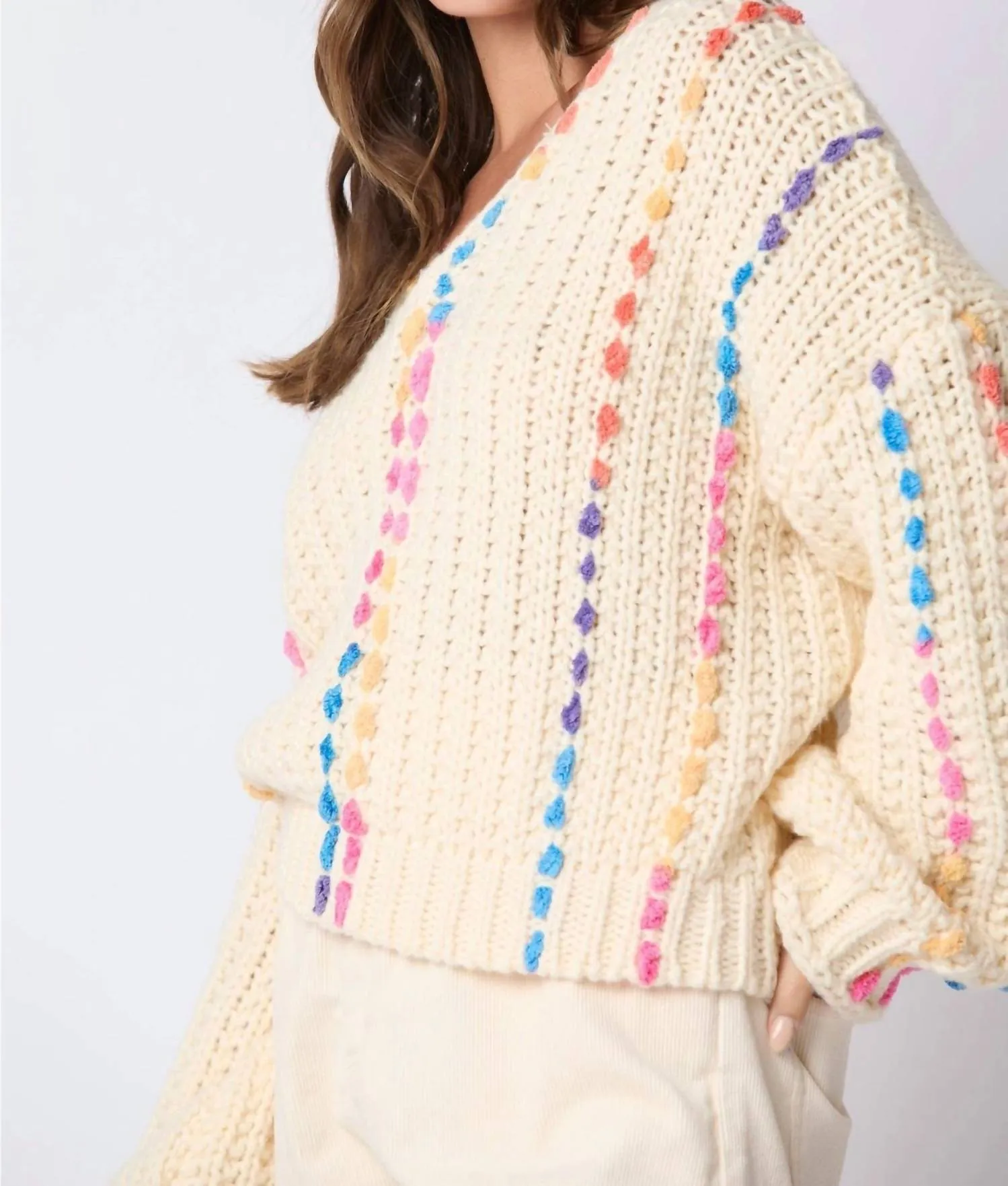 V Neck Sweater In Cream Multi