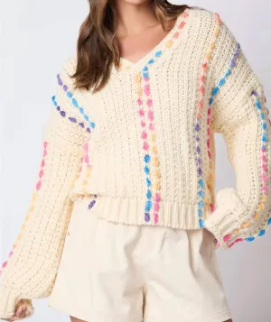 V Neck Sweater In Cream Multi