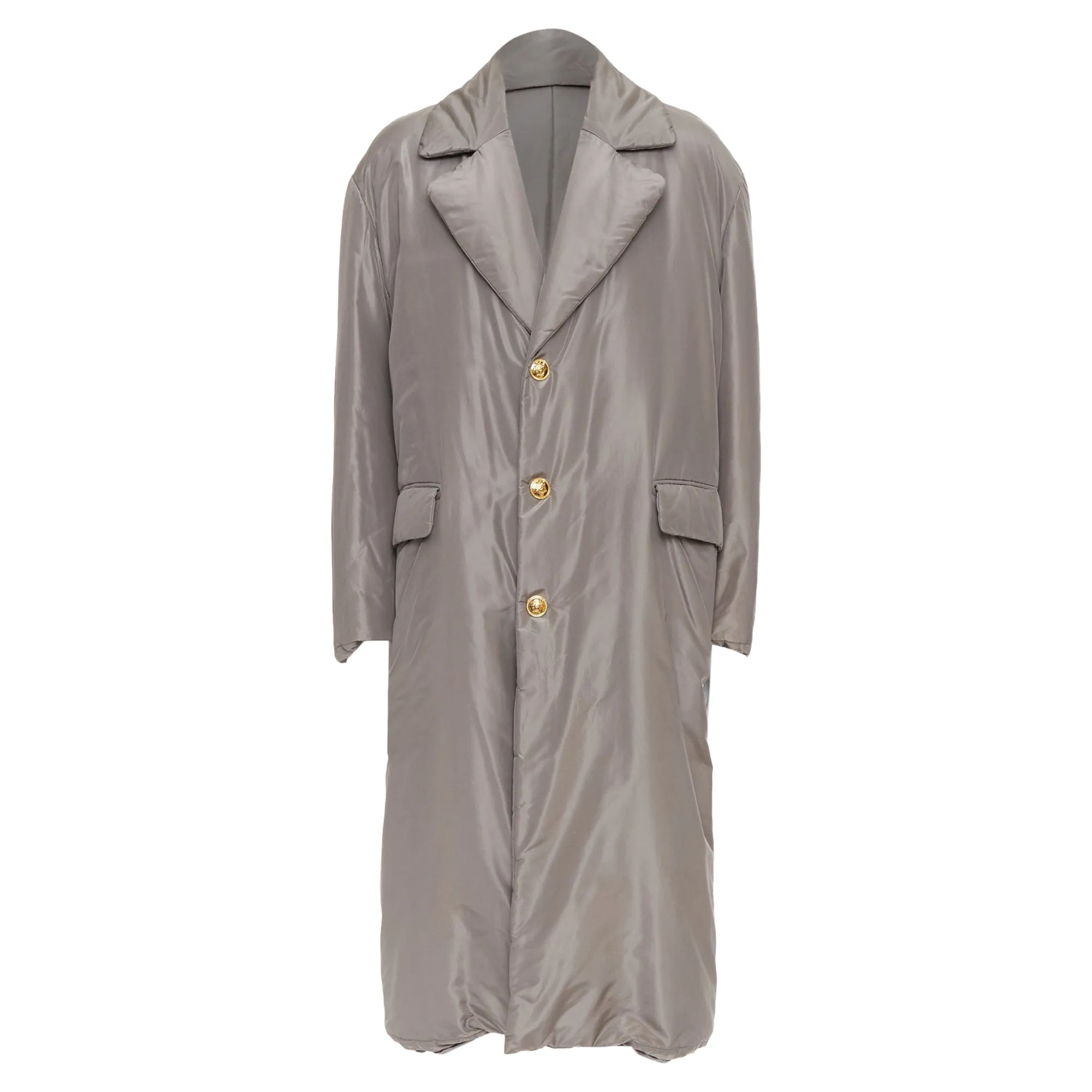 Versace Silk Padded Gold Medusa Buttons Long Belted Coat