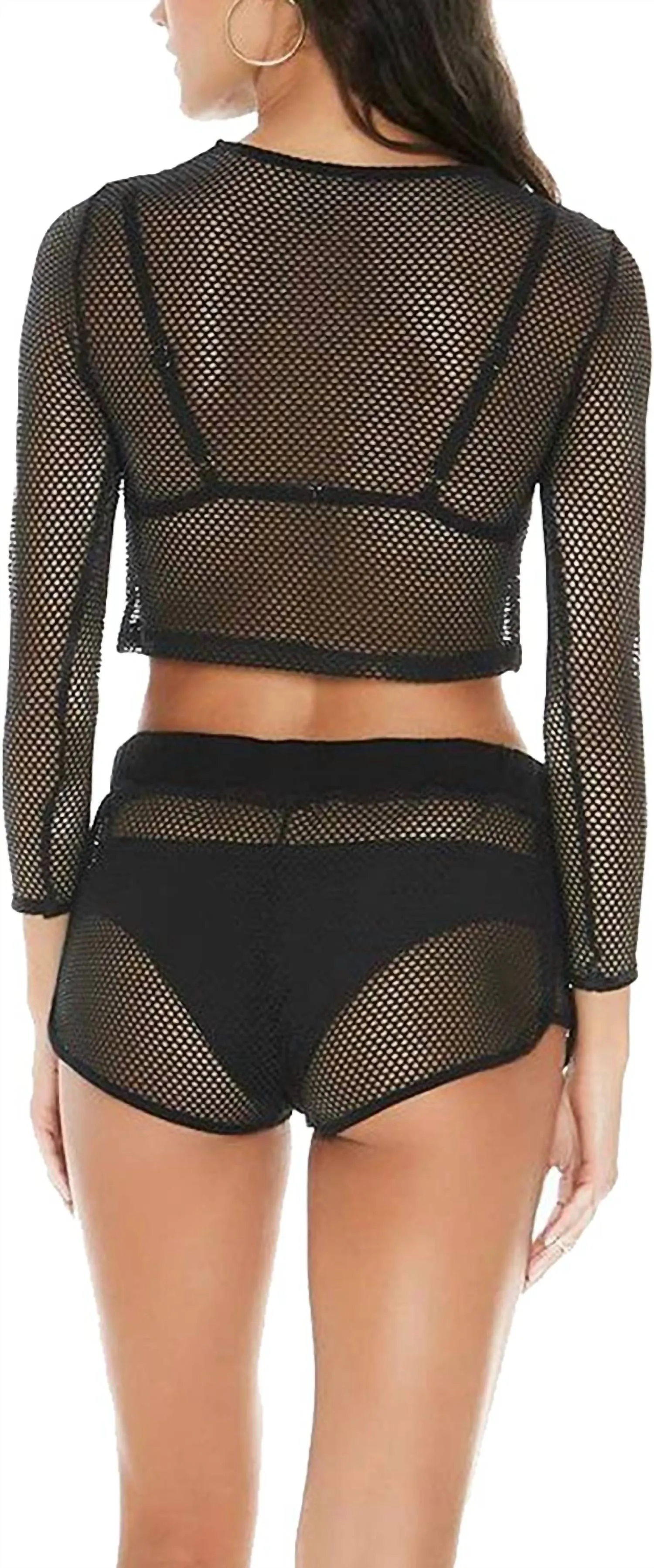 Women Sarah Long Sleeve Seamless Fit Mesh Cropped Top In Black
