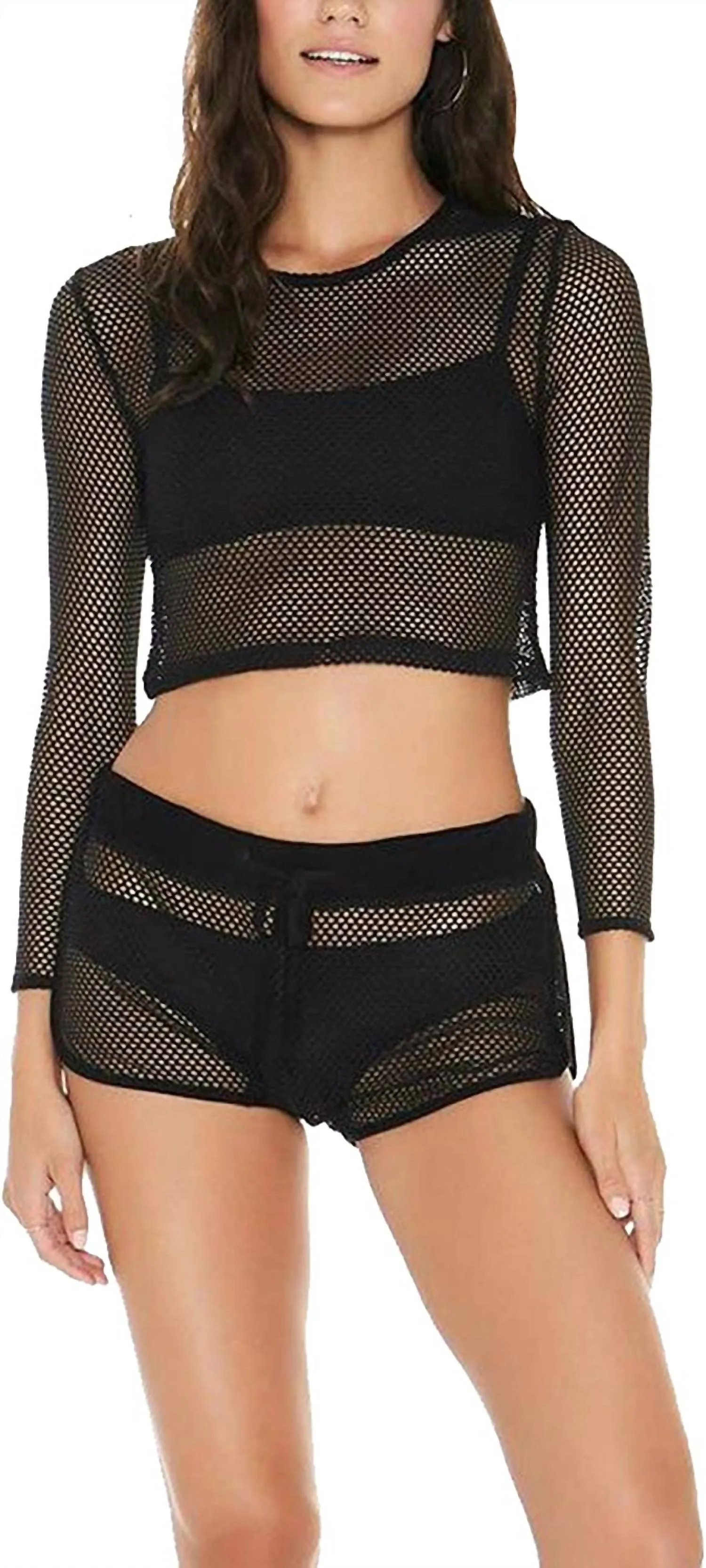 Women Sarah Long Sleeve Seamless Fit Mesh Cropped Top In Black