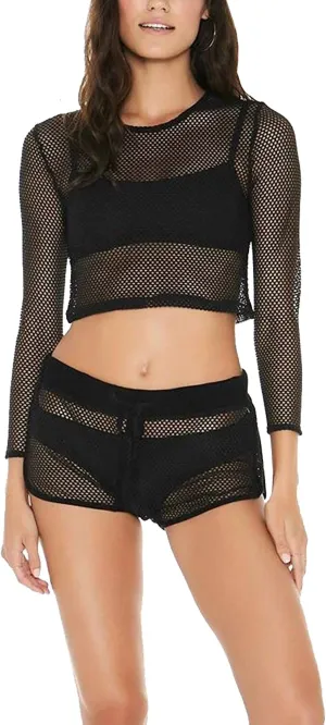 Women Sarah Long Sleeve Seamless Fit Mesh Cropped Top In Black