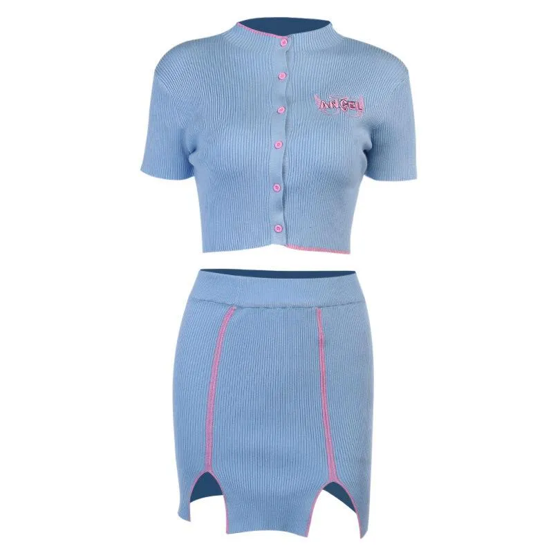 Women's Sexy Embroidered Kintted Shirts&Irregular Skirts One Set